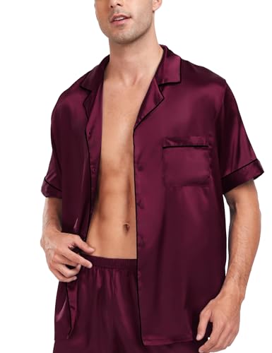 Image of SWOMOG Men Satin Silk Pajamas Sets Short Sleeve Sleepwear Button-Down PJs Sets Two-Pieces Loungewear with Pockets