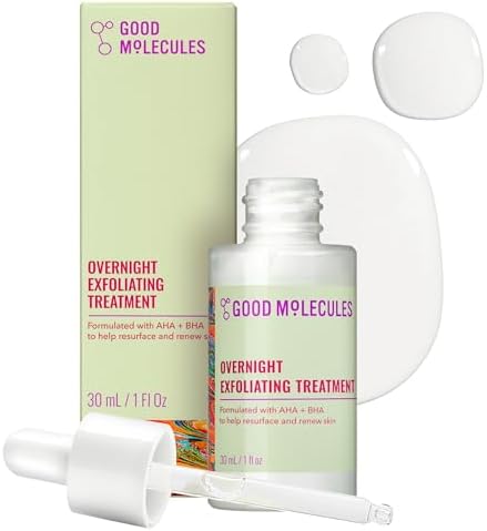 Good MoleculesOvernight Exfoliating Treatment, AHA BHA Exfoliant, 1 fl oz | Resurfaces and renews the look of skin overnight with AHA and BHA. Use up to 3 nights a week with daytime SPF.