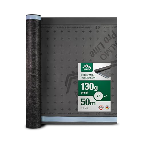 ALMO diffusionsoffene UV Unterspannbahn 75m² (1,5 x 50m), Fassadenbahn, 130g/m², Unterdeckbahn, wasserabweisend & UV-beständig mit integrierter Selbstklebenaht