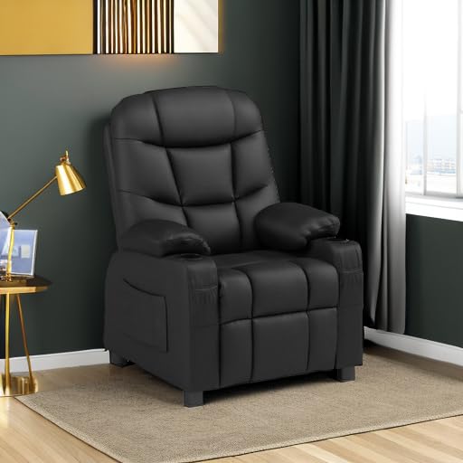 Image of Costzon Kids Recliner Chair with Cup Holder, Adjustable Leather Lounge Chair w /Footrest & Side Pockets for Children Boys Girls Room, Ergonomic Toddler Furniture Sofa, Kids Recliner (Black)