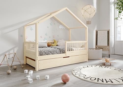 TIMBEE MURLO - Box Holzbett - in Hausform mit Gitter, Sprossen und Schublade - Skandinavischer Stil - Massive Konstruktion aus Naturholz - Option mit Schublade - Unlackiert - 80x160cm