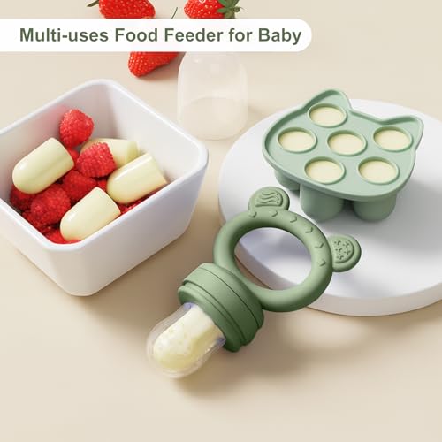 Image of Baby Breastmilk Popsicle Molds & Baby Fruit Feeder (4 Pack), Infant Food Freezer Tray Storage Containers, Silicone Teething Pacifier Feeder and Teether for Babies,Boys and Girls-Pink&Purple