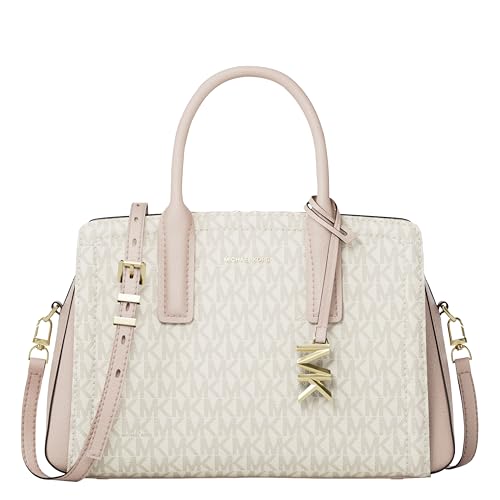 Michael Kors Women's Laila Small Satchel, Gold-Tone Hardware/MK Signature Semi Lux Black, Vanilla/Soft Pink