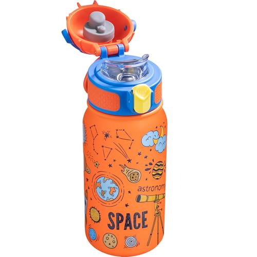 OLDLEY Insulated Kids Water Bottle 350ml/12oz Stainless Steel Metal Water Bottles Leakproof Double Walled Cute Vacuum Small Flask with Handle Keep Drinks Hot Cold for Boys Girls Children (Space)