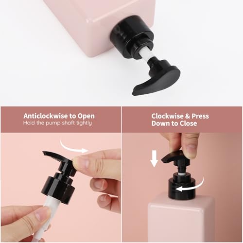 Image of Segbeauty Refillable Shampoo and Conditioner Bottles, 3pcs 16.9oz Square Plastic Bathroom Soap Dispenser Set, 500ml Empty Shower Bottles Lotion Dispenser Press Pump Bottle for Modern Home Decor Pink