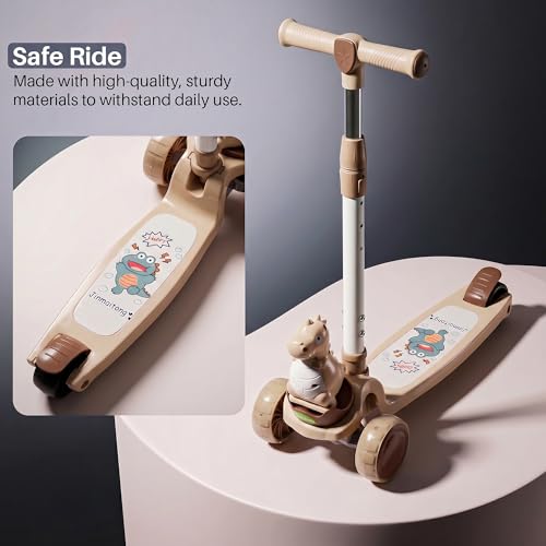 Image of Baybee Dino Blaze Kick Scooter for Kids | 3 Wheel Skate Scooter with RGB LED Wheels & Music | 3 Height Adjustable T-Bar Handle & Rear Brake | Foldable Skate Scooter for Kids 3 to 8 Years (Khaki)