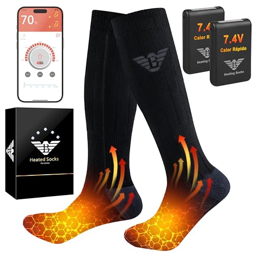 Calcetines Calefactables Hombres Mujeres - 7.4V 3000mAh Bateria, Control de App Calcetines Calentadores para Esquiar Acampar Pescar