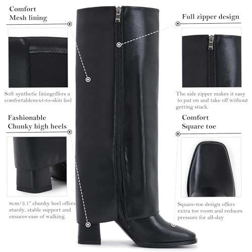 Image of Knee-High Boots for Women - Wide Calf Boots with Zipper, Square Toe Tall Leather Boots, Chunky Heel Fashion Long Boots