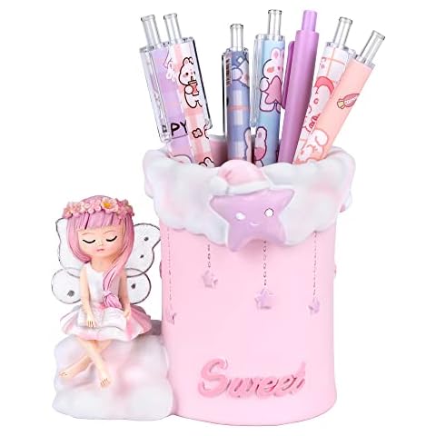 Cute Fairy Pencil Holder Pink Makeup Brush Holders Pencil Cup Caddy Box for Women Girls Lady (Pink fairy) Cover