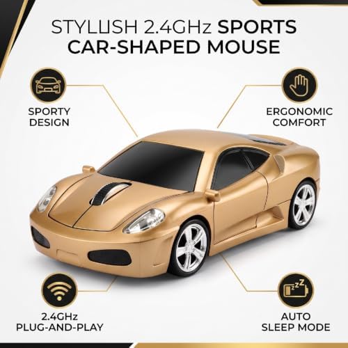 Pomya 2.4G Wireless Sports Car Mouse, 1600 DPI Automatic Sleep Mouse with USB Receiver for PC Computer Laptop (Gold) - 1