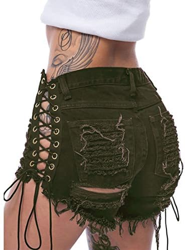 Weigou Women Shorts Womens Ripped Hole Bandage Denim Shorts Lace Up Short Jeans (Green, S)