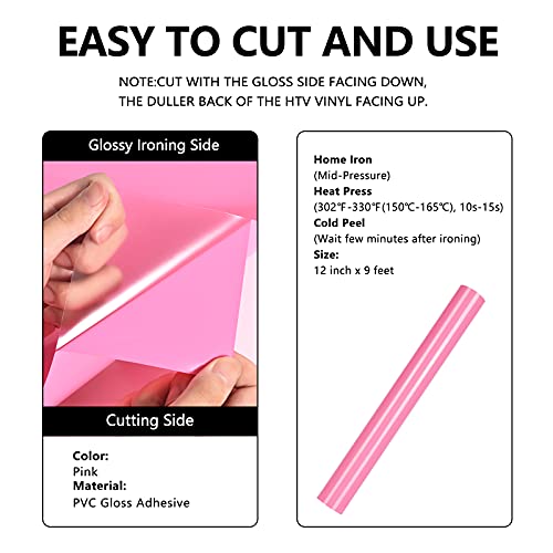 Image of FUNKAKA Heat Transfer Vinyl Rolls, 12 inch x 9ft Pink Iron on Vinyl for Shirt | Glossy HTV Vinyl for All Cutter Machines - Easy to Cut & Weed for Heat Vinyl Design
