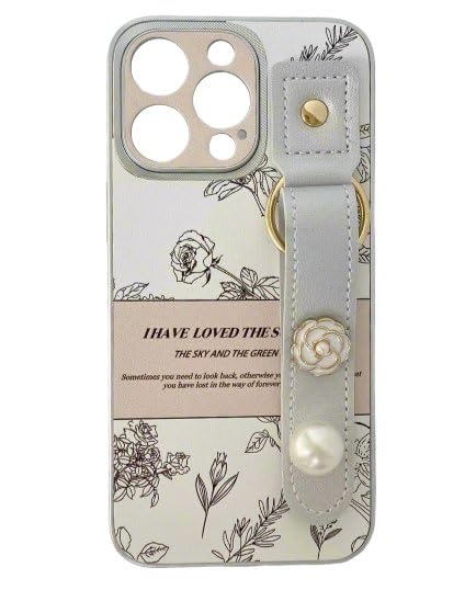 Ins Style Camellia Apple iPhone Case, Silver Wristband with Pearls, Held by Hand, As a Stand, Imitation Leather, Anti-Shock, Anti-Drop, Anti Fingerprint, Button & Lens Protection (iPhone 15)