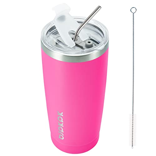 Image of BJPKPK 20oz Coffee Tumbler with Lid & Straw, Insulated Stainless Steel Mug | Double Wall Vacuum, Keeps Hot /Cold, BPA Free, Leak Proof, Iced Coffee Cup Fit Car Holder, Travel & Beach, Pink