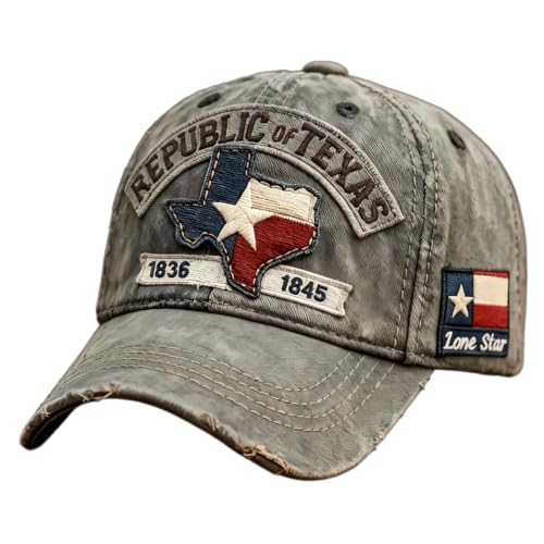 Republic of Texas Baseball Cap 1836-1845 Lone Star Embroidered Hat for Men Women Distressed Vintage Caps Texas State Grey