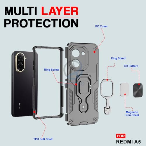 Image of AESTMO Armor Back Cover for Redmi A5 / Poco C71 | Ring Holder & Kickstand & Camera Protection in-Built | 360 Degree Protection Back Case Cover (Black)