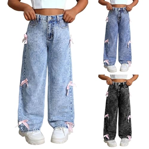 Bow Jeans for Girls Wide Leg High Waisted Denim Pants with Pink Bows and Pockets Y2K Casual Streetwear Trousers 6-14Y