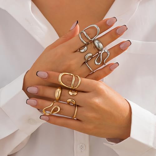 Chunky Silver Rings for Women Open Stacking Knuckle Ring Silver Adjustable Round Dome Rings Set Minimalist Irregular Statement Ring Women Jewelry4