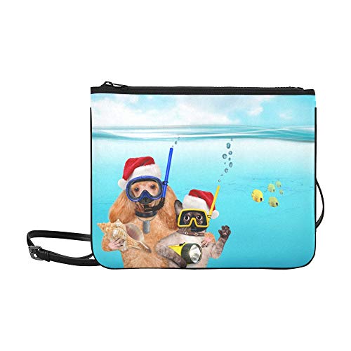 Shoulder Bag Outdoor Dog With Cat Diver In Red Christmas Hat High-grade Nylon Adjustable Shoulder Strap Woman Tote Bag For Shopping Travel Hiking Work