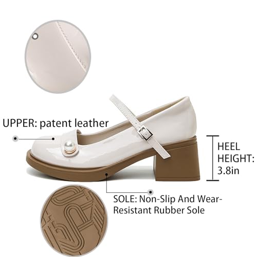Women'S Patent Leather Pearl Chunky Heel Platform Mary Jane Shoes with Adjustable Buckle Comfortable Round Toe Non-Slip Block Heel Pumps for Wedding Party Office Dress Shoes3