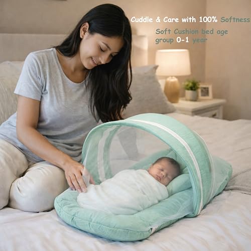 Image of Fareto Newborn Baby 100% Muslin Cotton Sleeping Bag & Mosquito Net &Hand Carry Bed | Safe, Soft & Portable Baby Bed | Baby Bedding Set(0-1 Year) (M Green)