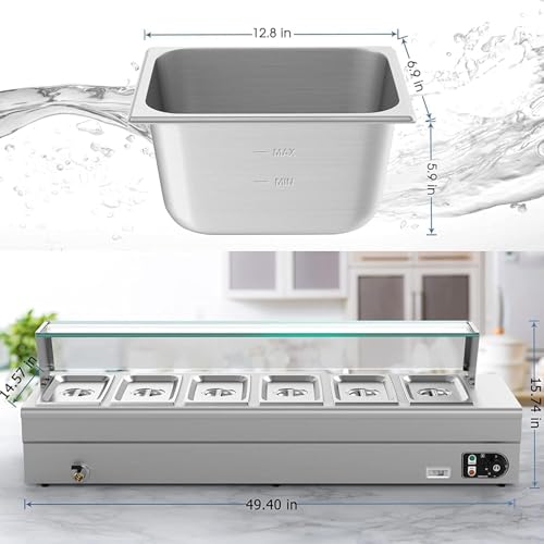 6 Pan Commercial Food Warmer, Stainless Steel Bain Steam Table Food Warmer 6*8QT 110v 1500w Electric with 1/3 Large Capacity Pans for Catering and Parties Restaurants Business Occasion (6*1/3 Pan)