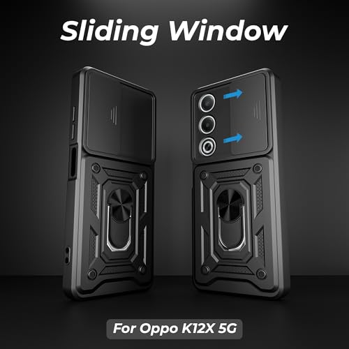 Image of A rtistque Armor Bumper Back Case Cover for Oppo K12x 5G | Stylish Ring Holder & Inbuilt Stand | Sliding Camera Cover | Shockproof TPU Protective Design | Oppo K12x 5g Backcover - Black