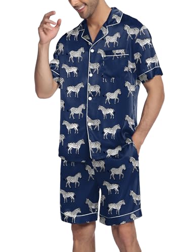 Image of Ekouaer Mens Satin Pajamas Set Button-Down Short Sleeve Shirt Top Soft Silk Sleepwear Shorts with Pockets