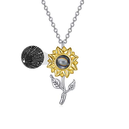 925 Sterling Silver Sunflower Necklace with 100 Languages I Love You Stone Projection Pendant for Women (Sunflower)