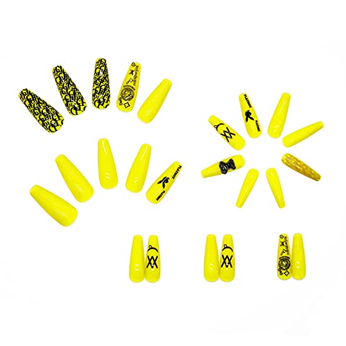 Misud Long Coffin Press On Nails French Yellow Fake Nails Ballerina Glossy False Nails Cool Graffiti Glue On Nails For Women And Girls #TOP3