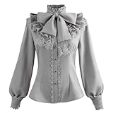 Fiamll Blusa victoriana para mujer, estilo vintage, con lazo, cuello alto y volantes, manga larga, gris, XL