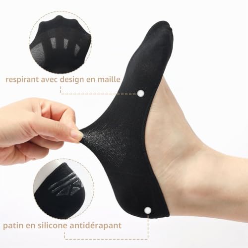 ILovDaisy Lot de 8 paires de chaussettes de ballerine pour femme - Respirantes - Invisibles - Antidérapantes - Avec coussinet en silicone - 36-40/39-42, 8 paires (8 noires), 36-40 – vue 3