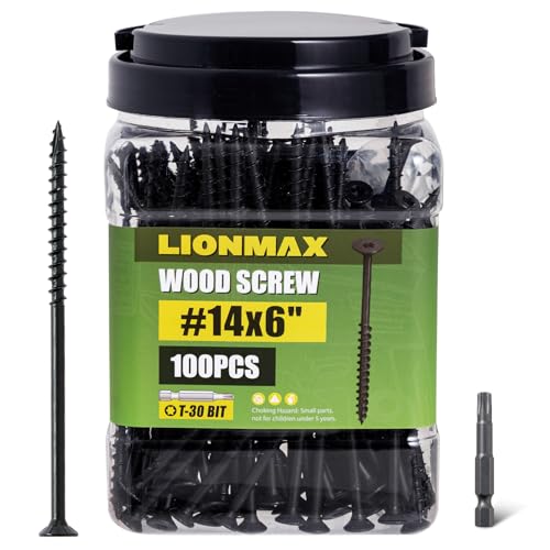 Image of LIONMAX Deck Screws #14 x 6 Inch, 100 PCS, Black Long Wood Screw, Rust Resistant, Exterior Epoxy Coated for Outdoor Decking, Torx /Star Drive Head, T30 Star Bit Included