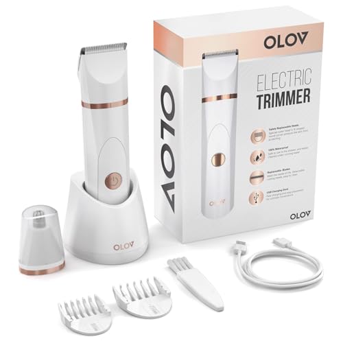 Image of OLOV Electric Body Hair Trimmer - Groin Trimmer for Men - Bikini Trimmer Women - Wet /Dry Shaver Groomer, Replaceable Ceramic Blade Heads, USB Recharge Dock, Waterproof Hygiene Razor, White