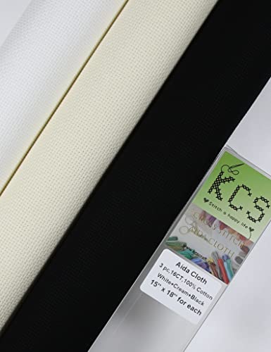 KCS 3 piezas de 15 x 18 pulgadas, tela de punto de cruz, tela de algodón Aida, 16 quilates, blanco+crema+negro