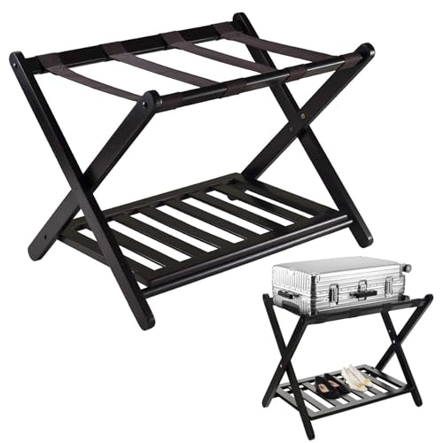 uyoyous Foldable Luggage Rack 2-tiers Folding Luggage Holder Wooden Suitcase Stand with Storage Shelf for Bedroom Hotel Use, 68 x 40 x 58cm