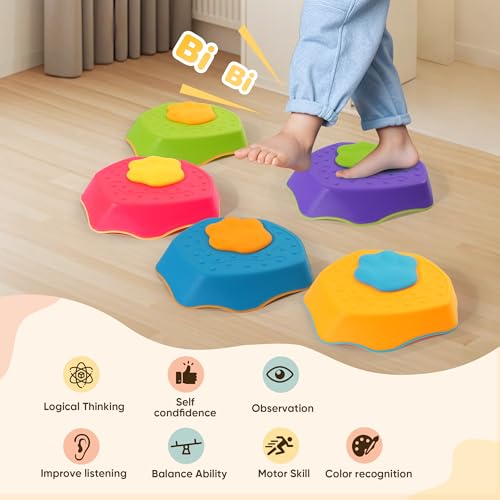 Image of G-WING Stepping Stones for Kids, 5-Piece Balance Stones with SOUND EFFECTS & Non-Slip Base, Indoor /Outdoor Motor Skills Toys for Toddlers Age 3+, Builds Coordination & Active Play - 220lb Weight Capacity