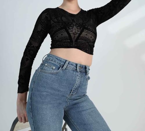 Image of ICW Women Long-Sleeves Round Neck Net Printed Transparent Mesh Sheer Crop Top T-Shirt DN38(Mix Print)