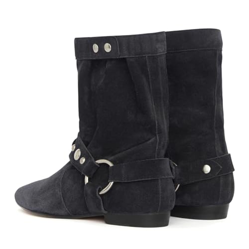 miss left Women Almond Toe Studded Grommet Mid-Calf Boots Slip on Comfy Flat Booties Fall Winter Retro Casual Walking Short Boots Size 4-16 US3