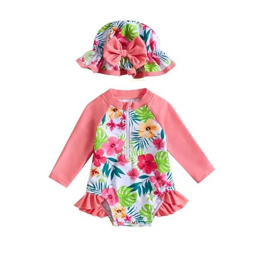 Aimaopao Maiô feminino de manga comprida com zíper e chapéu, Rosa folhado, 0-3 Meses