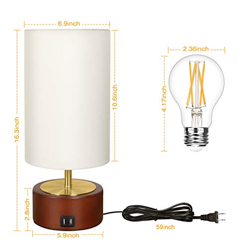 USB Table Lamp, Boncoo Bedside Touch Control Lamp with 2 USB Charging Ports, Dimmable Minimalist Solid Wood Nightstand Lamp Round Fabric Shade for Bedroom Dresser Living Room, A19 6W LED Bulb Included - Thumbnail 2