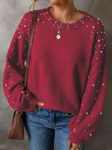 Image of Pearl Sweater for Women Lantern Sleeve Drop Shoulder Crewneck Sweatshirt Knit Chunky Pullover Sweaters with Pearls