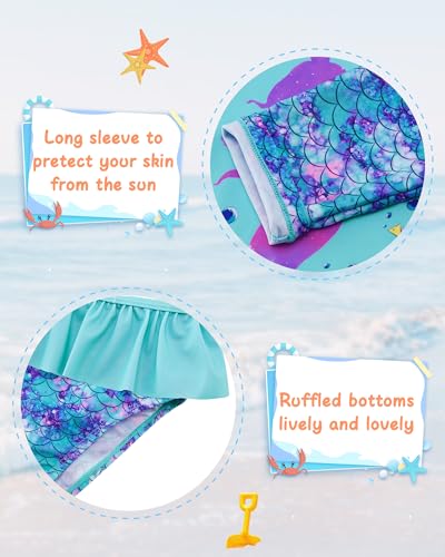 Image of UNIFACO Toddler Girls 2-Piece Swimsuit Set Mermaid Scales Shell Long Sleeve Rash Guard Bathing Suit with UPF 50+ Sun Protection for Summer Water Park