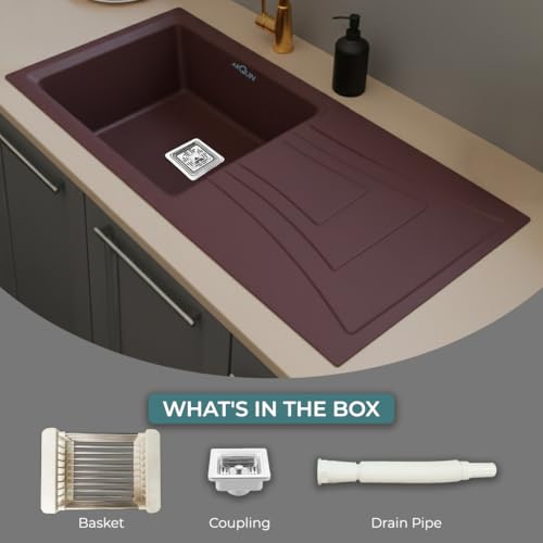 Image of ARQUIN Quartz Kitchen Sink with Drainboard 36x18x9 Inch Brown Granite sink for kitchen basin,UV Protected, Undermount | Topmount Including Coupling, Waste Pipe & Strainer Basket