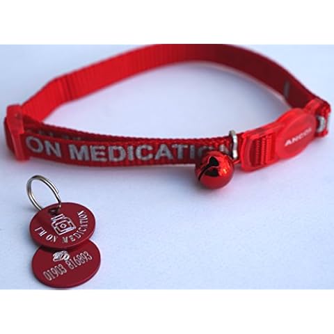 PARADISE PETS ANCOL ON MEDICATION REFLECTIVE SAFETY CAT COLLAR RED & PERSONALISED TAG Cover