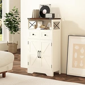 Farmhouse Kitchen Storage Cabinet Bathroom Floor Cabinet with 2 Drawers Barn Door and Shelf Pantry Hutch Sideboard Cabinet for Coffee StationDining RoomLiving Room and Hallway Antique White