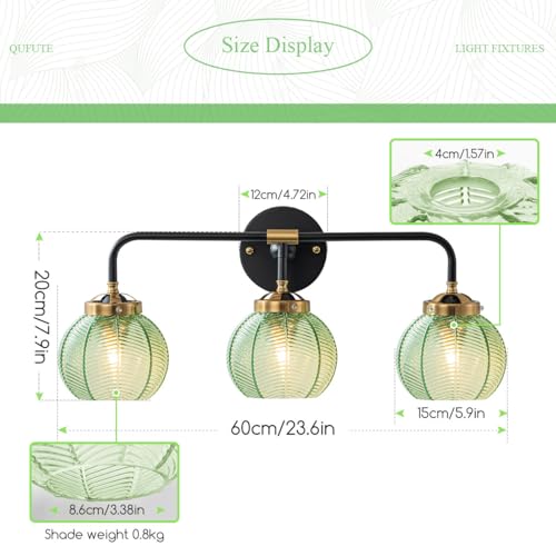 Image of Bathroom Light Fixtures Vanity Wall 3-Light Coastal Vanity Lights Emerald Green Vintage Wall Lamp with Glass Globe Shade Modern Glass Wall Vanity Lighting for Mirror Kitchen Cabinet