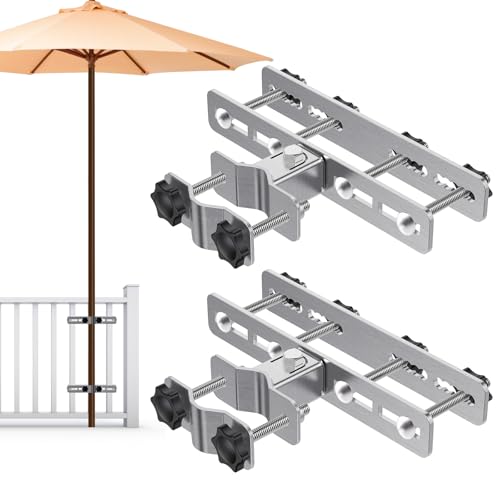 Heavy Duty Deck Railing Umbrella Holder, Adjustable Patio Umbrella Stand for 1-2 Inch Poles, Secure & Sturdy Railing Grille Mount, Maximizes Outdoor Space