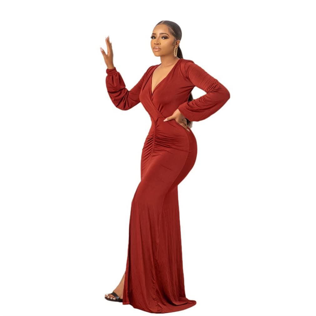 Amazon.com: CZVEVOY Women V Neck Long Dress Ruched Long Sleeve Dress Split  Slim Maxi Dress Cocktail Party Wedding Evening Dress,Red,L : Clothing,  Shoes u0026 Jewelry
