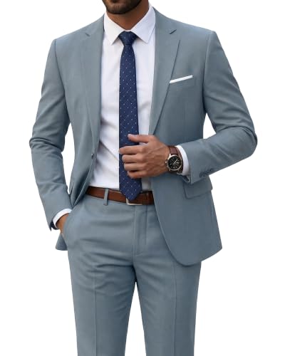 YND Men's 2 Piece Suit with Tie, Slim Fit Solid Color Jacket and Pants Set